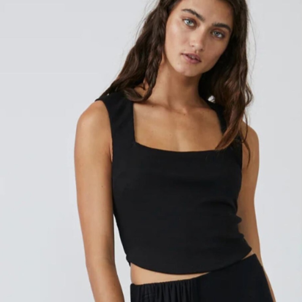 Free People Beach Daphne Square Neck Black Crop Top - Picture 2 of 7